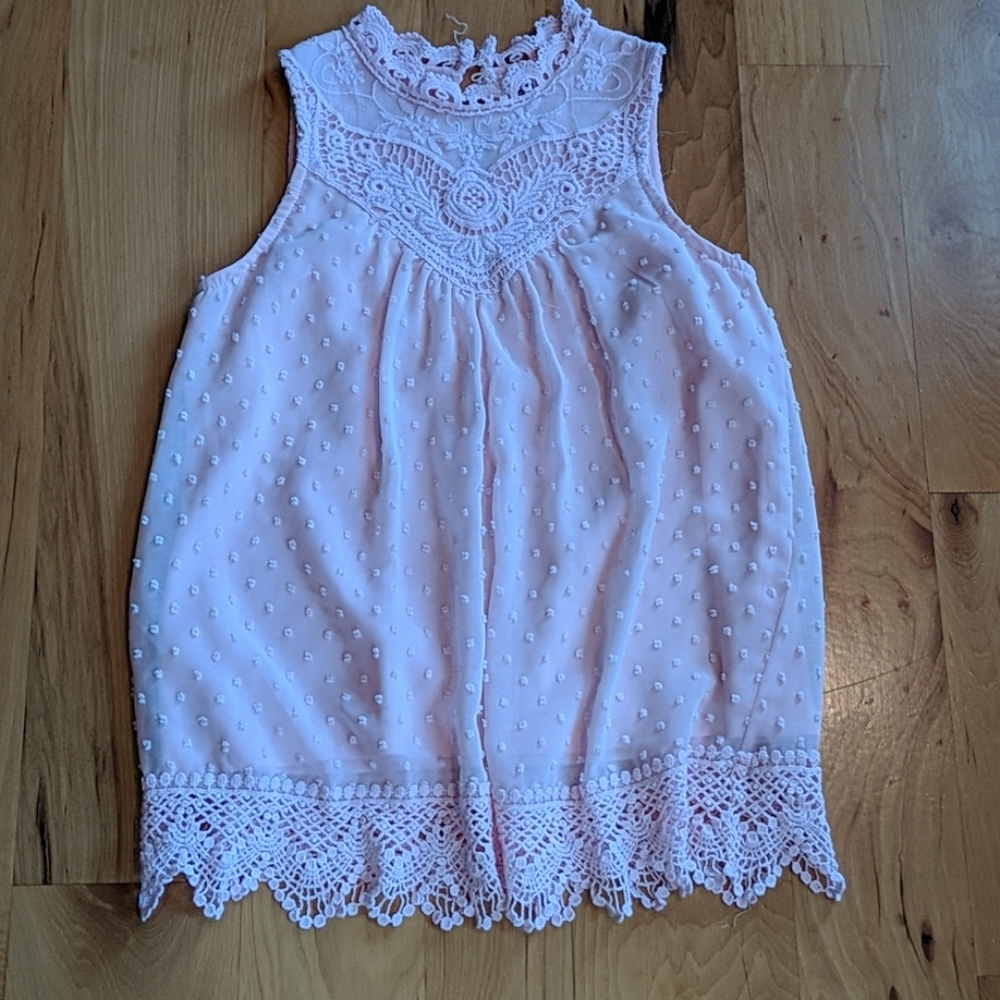 High neck, sleeveless swiss dot top